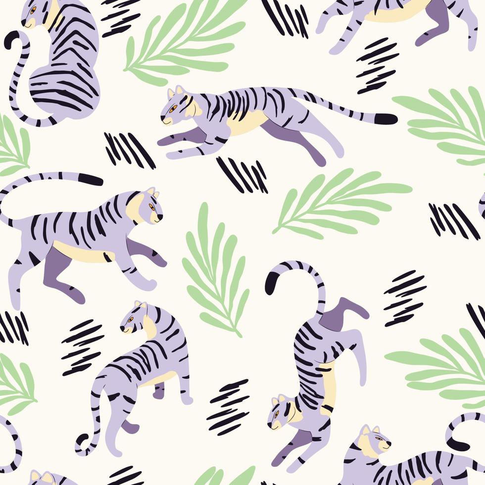 naadloos patroon met hand- getrokken exotisch groot kat Purper tijger, met tropisch planten en abstract elementen Aan wit achtergrond. kleurrijk vlak vector illustratie