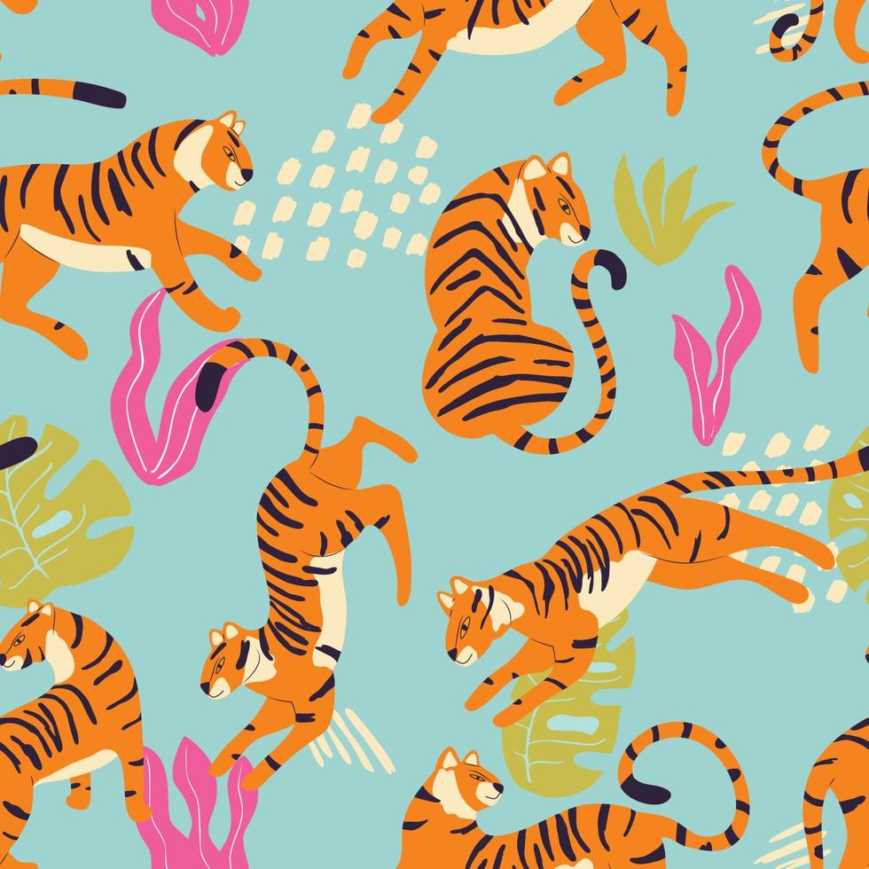 naadloos patroon met hand- getrokken exotisch groot kat tijger, met tropisch planten en abstract elementen Aan licht blauw achtergrond. kleurrijk vlak vector illustratie