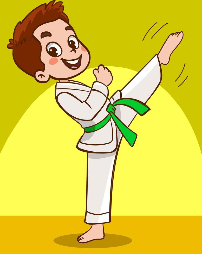 tekenfilm kinderen opleiding krijgshaftig kunsten in kimono uniform. karate of taekwondo karakter illustratie. vector
