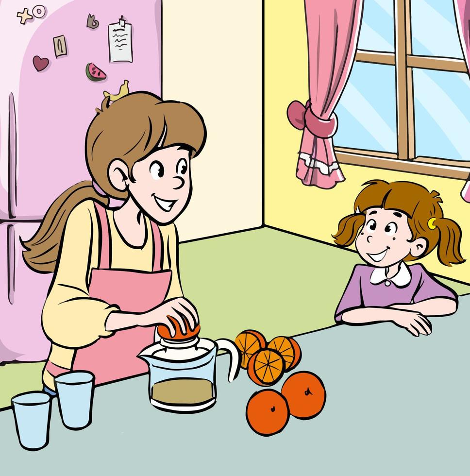 moeder en dochter in de keuken tekenfilm vector