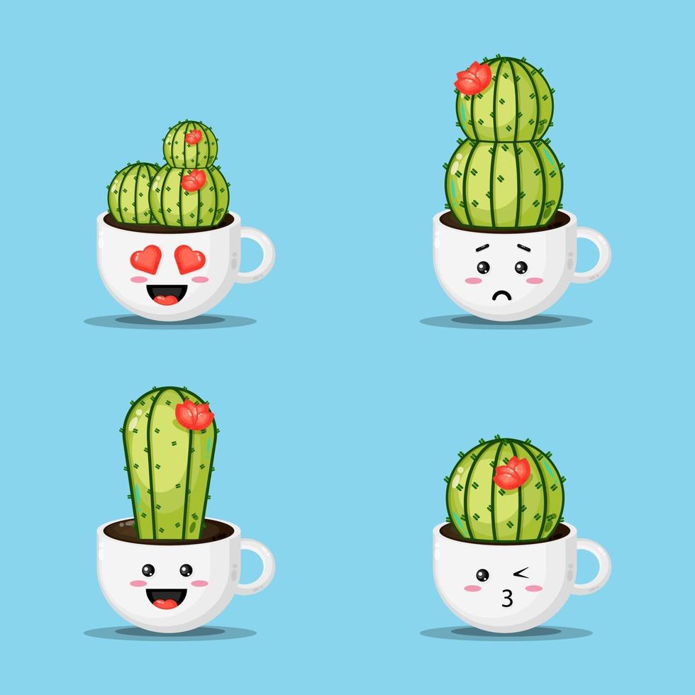 schattige cactus in een koffiekopje pot vector