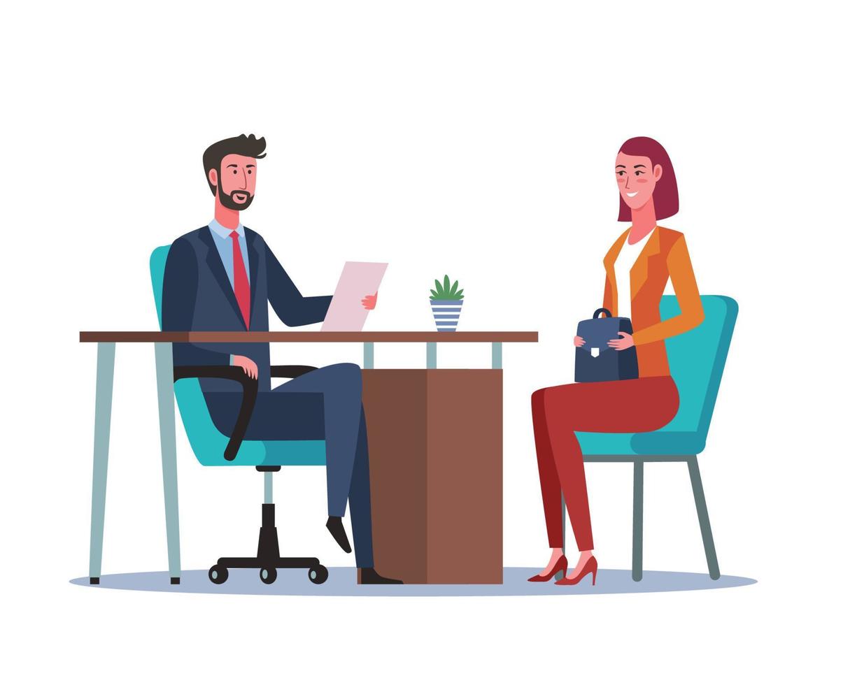 hr manager en baan zoeker of kandidaat hebben gesprek. baan interview vlak tekenfilm illustratie vector