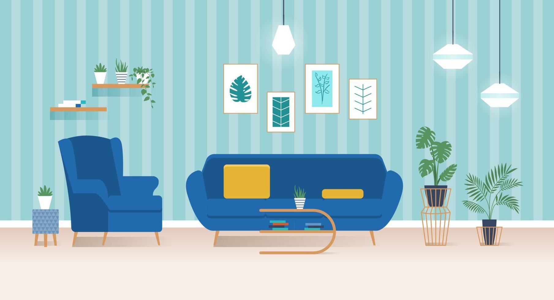 modern leven kamer interieur met blauw bank, binnen- planten, hangende lamp, en abstract schilderijen Aan de muur vector