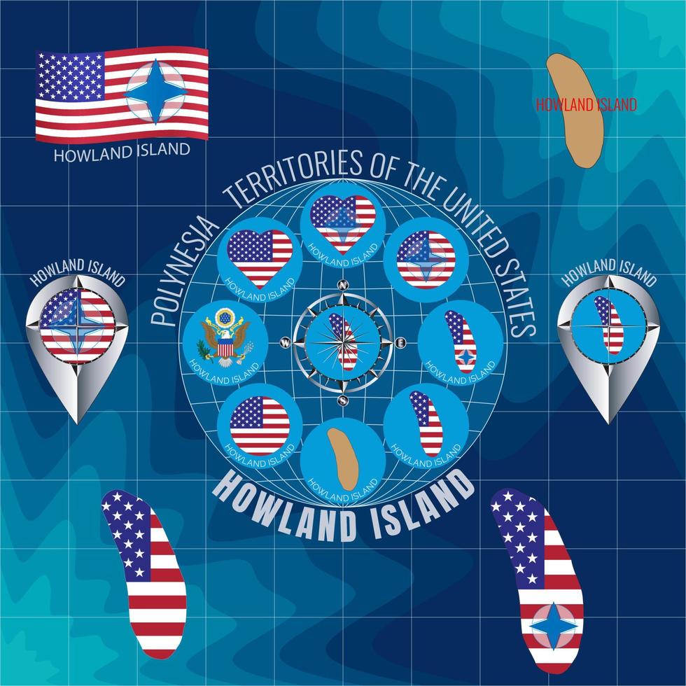reeks van vector illustraties van vlag, contour kaart, geld, pictogrammen van howland eiland. territoria van de Verenigde staten. reizen concept.