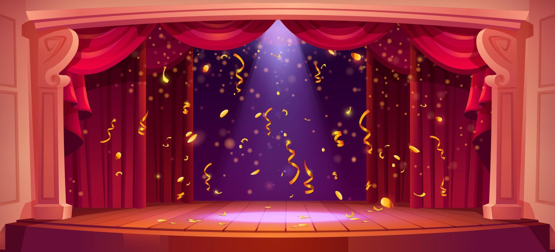 theater stadium met rood gordijn, licht en confetti vector