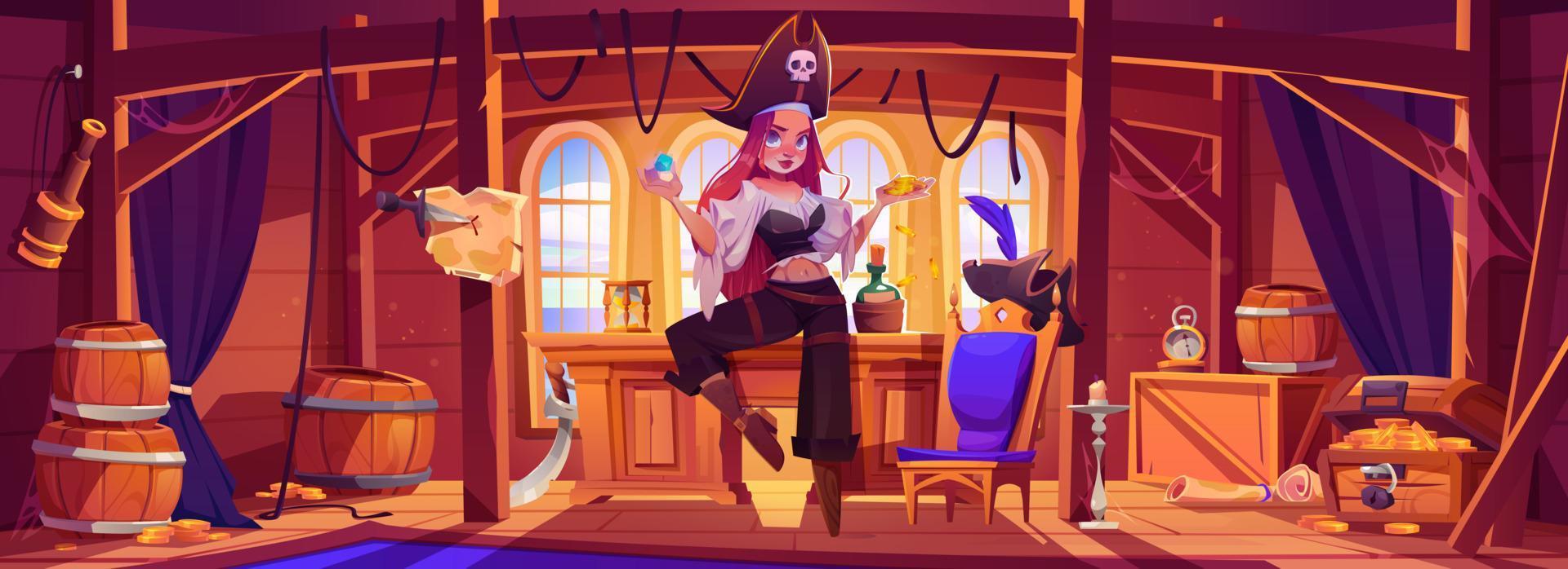 meisje piraat in gezagvoerder cabine Aan schip vector