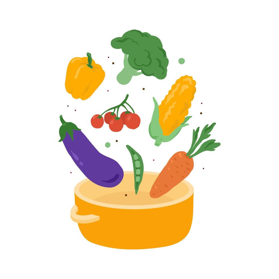 hand- getrokken kleurrijk groenten en Koken pan, soep ingrediënten vector