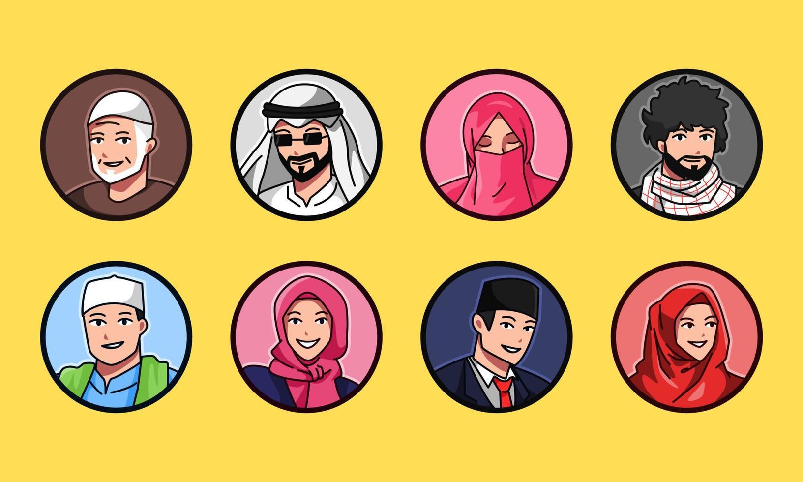 reeks avatar portretten van moslim karakters. kaffiyeh, moslim pet, hijaab, nikab. ronde, cirkel avatar icoon voor sociaal media, gebruiker profiel, website, app. lijn tekenfilm stijl. vector illustratie.