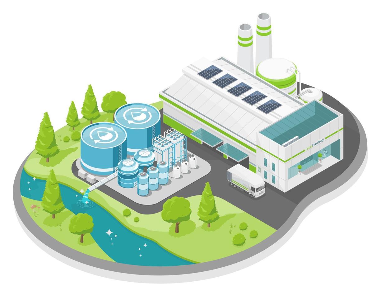 industrieel afvalwater behandeling werkwijze in fabriek fabriek ecologie riolering behandeling voor opslaan wereld concept tekenfilm symbolen isometrische geïsoleerd illustratie vector