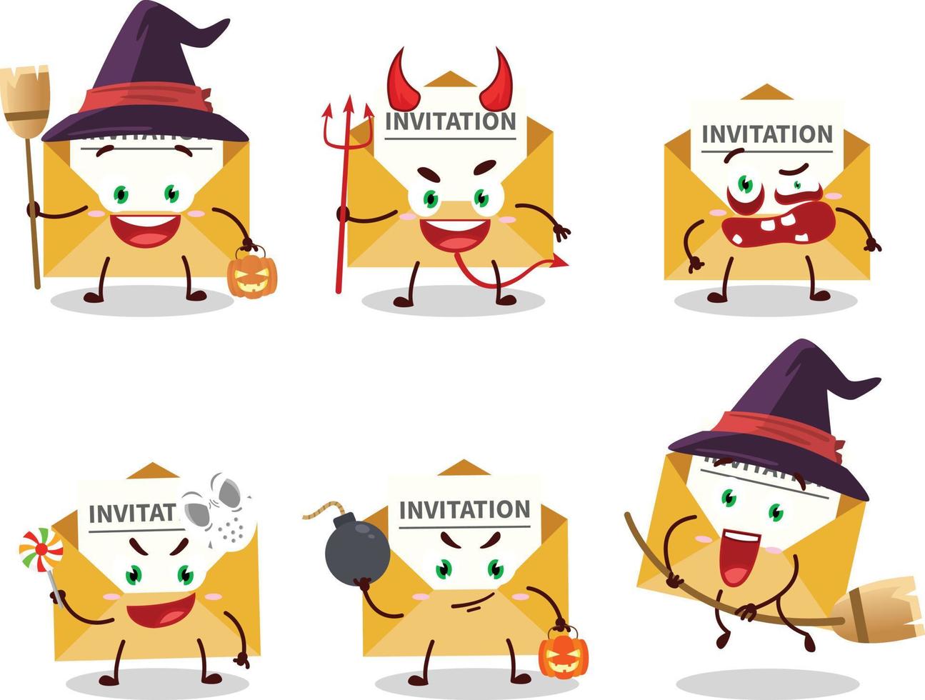 halloween uitdrukking emoticons met tekenfilm karakter van uitnodiging bericht vector