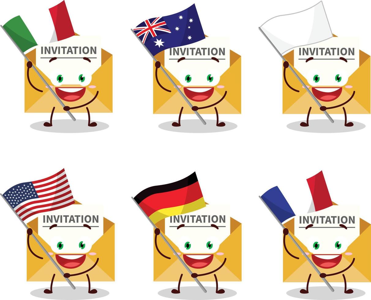 uitnodiging bericht tekenfilm karakter brengen de vlaggen van divers landen vector