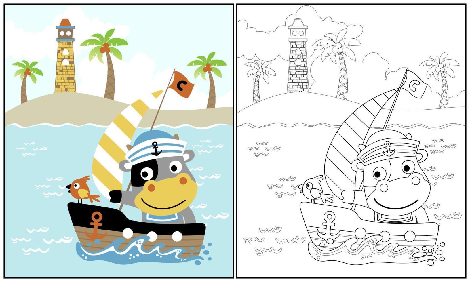 grappig koe met weinig vogel Aan zeilboot Aan eiland achtergrond, vector tekenfilm illustratie, kleur boek of bladzijde