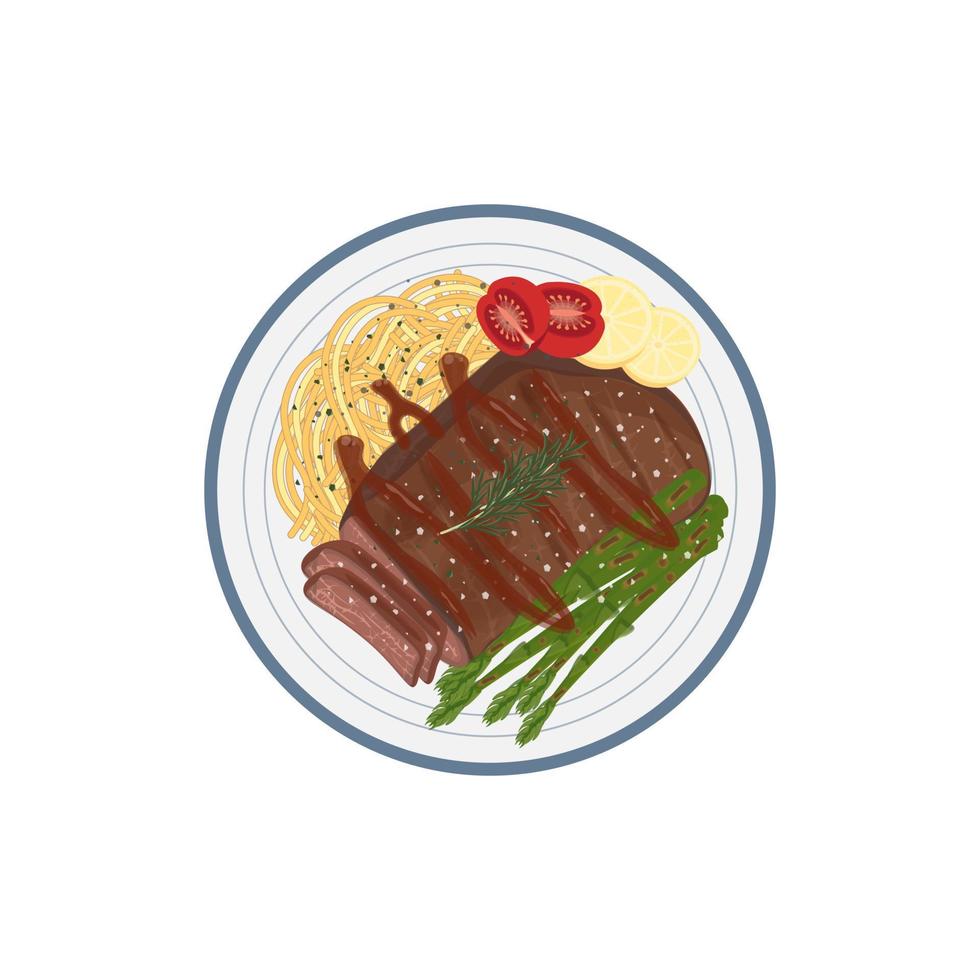 sappig rundvlees barbecue steak vector illustratie logo met heerlijk spaghetti