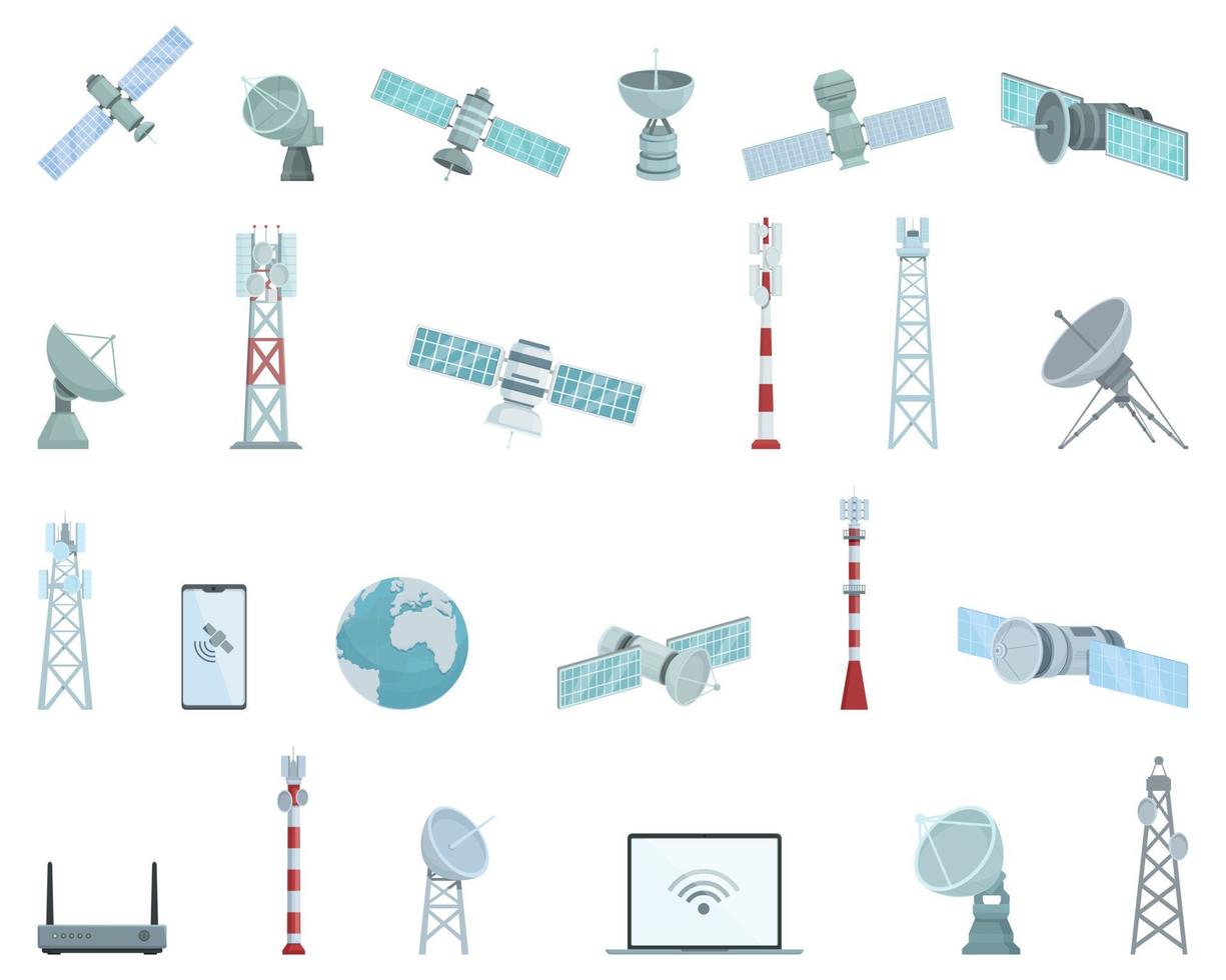 satelliet internet pictogrammen reeks tekenfilm vector. antenne communicatie vector