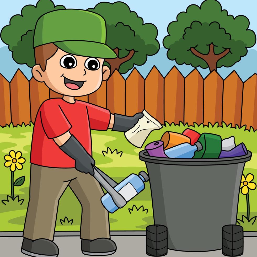 jongen plukken omhoog afval gekleurde tekenfilm illustratie vector