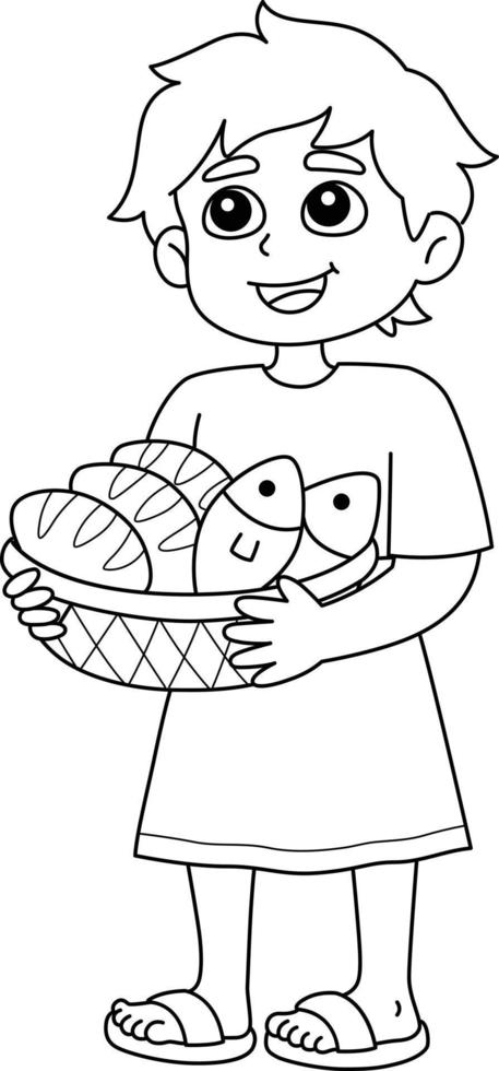 jongen Holding mand met brood en vis geïsoleerd vector