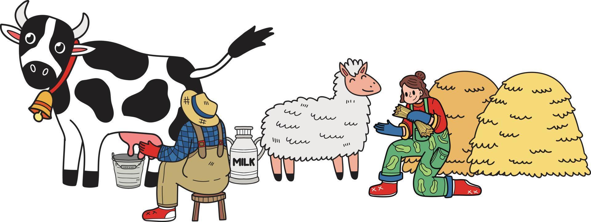 boeren zijn melken koeien en voeden schapen illustratie in tekening stijl vector