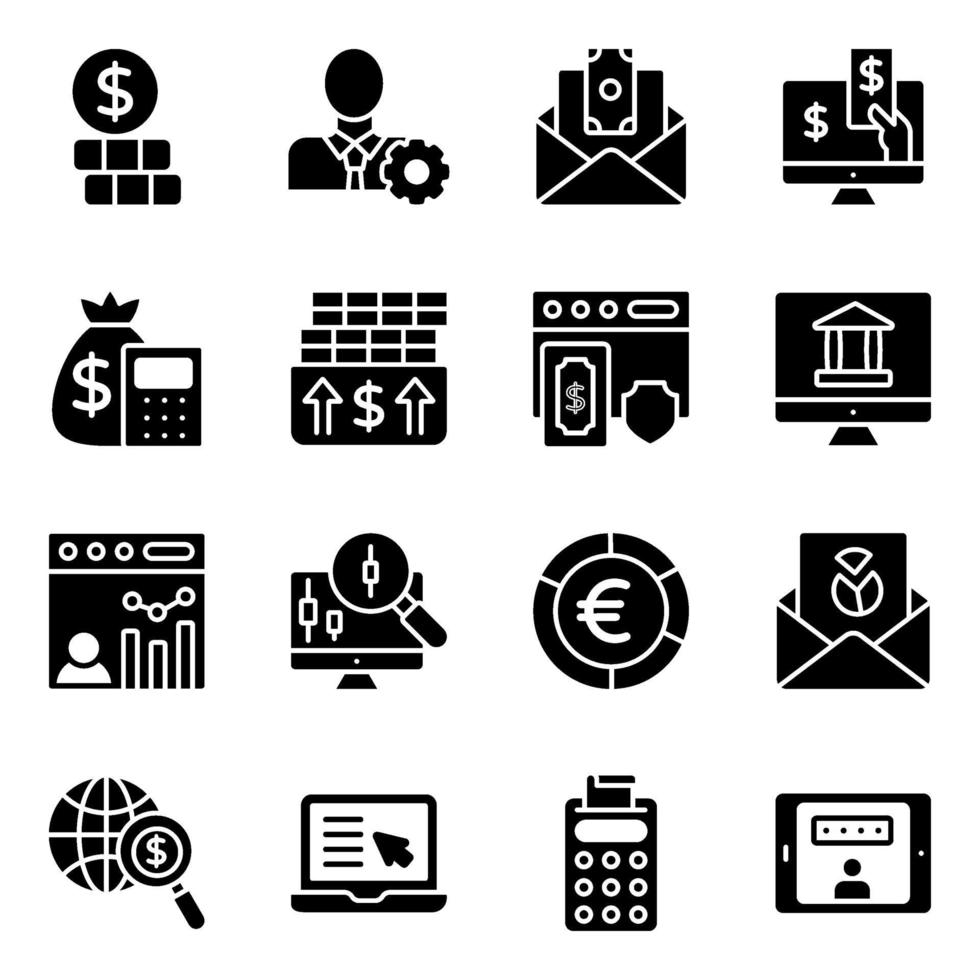 financiën en gegevens solide pictogrammen pack vector