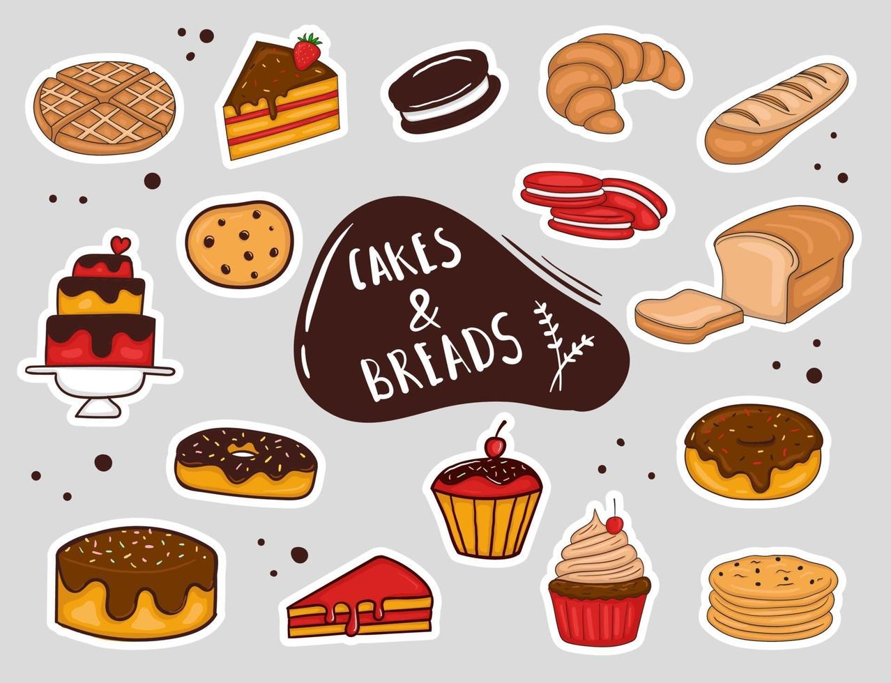 kleurrijke hand getrokken brood en cakestickers vector