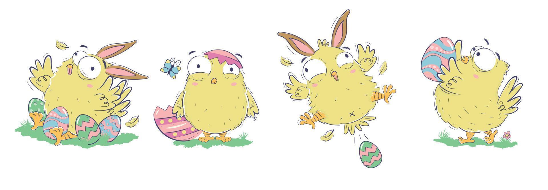 clip art verzameling van grappig kuikens met Pasen eieren en konijn oren in tekening schetsen stijl. hand- getrokken horizontaal banier met grappig huiselijk vogelstand vector