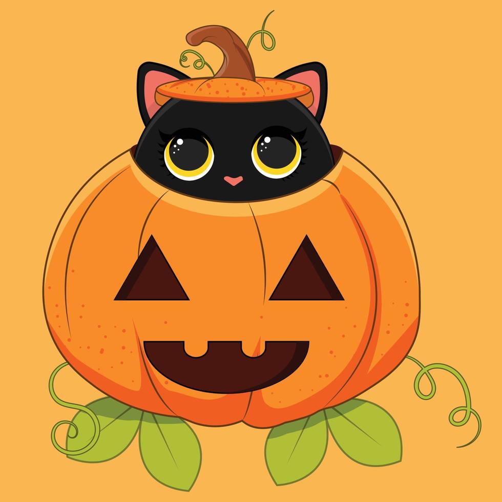 schattig zwart kat halloween pompoen vector