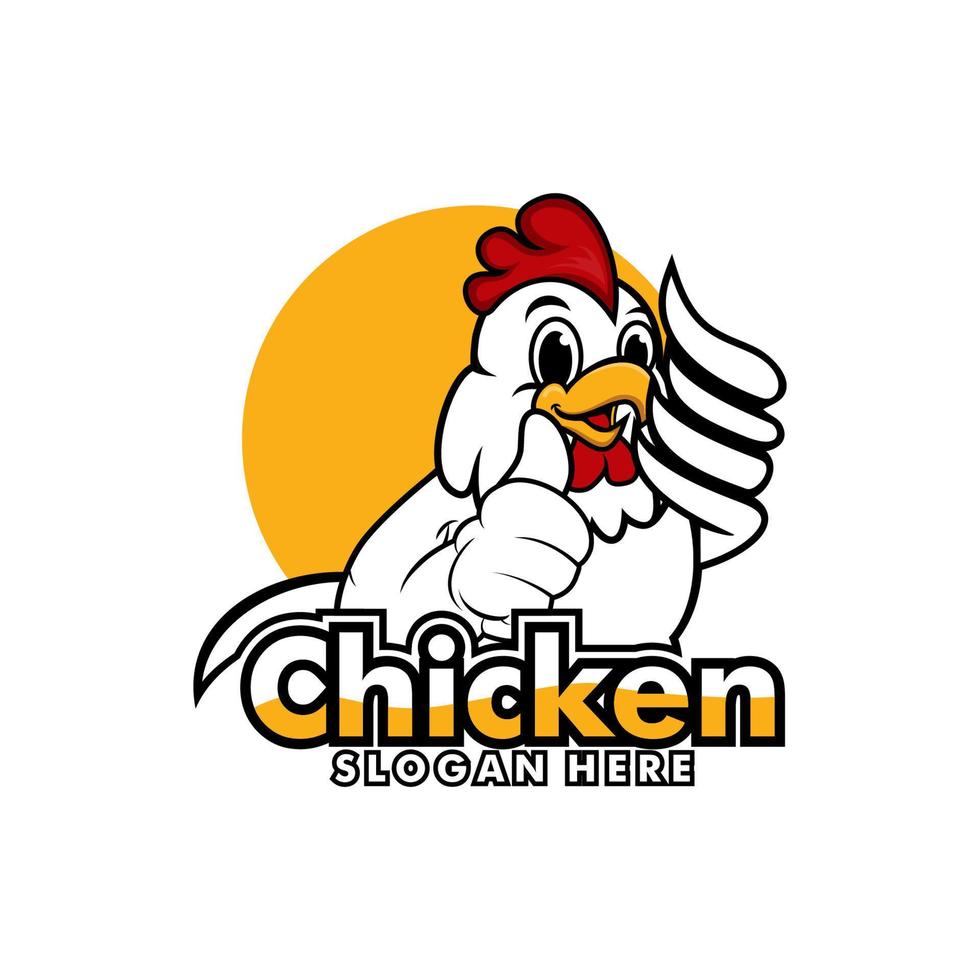 kip logo stripfiguur. een grappige cartoon haan kip geven een duim omhoog. vector logo illustratie.