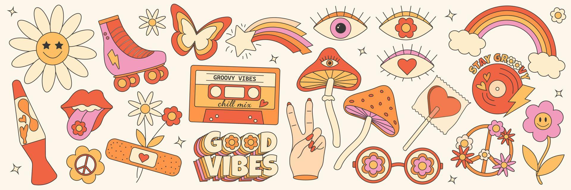retro groovy hippie jaren 70 set. sticker verzameling in modieus retro psychedelisch tekenfilm stijl. paddestoel, bloem, oog, regenboog, vlinder, mooi zo gevoel vector