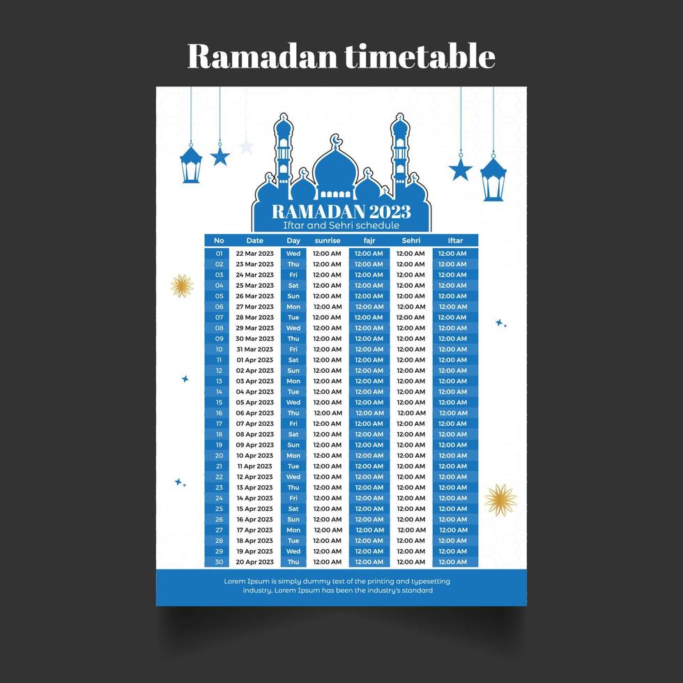 Ramadan 2023 bewerkbare schema of kalender sjabloon vector