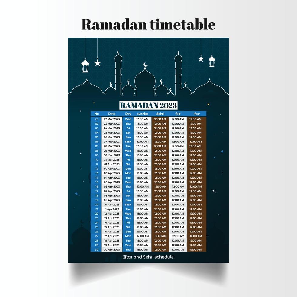 Ramadan 2023 bewerkbare schema of kalender sjabloon vector