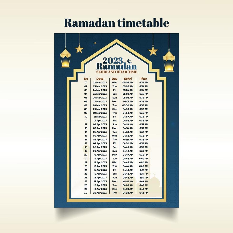 Ramadan 2023 bewerkbare schema of kalender sjabloon vector