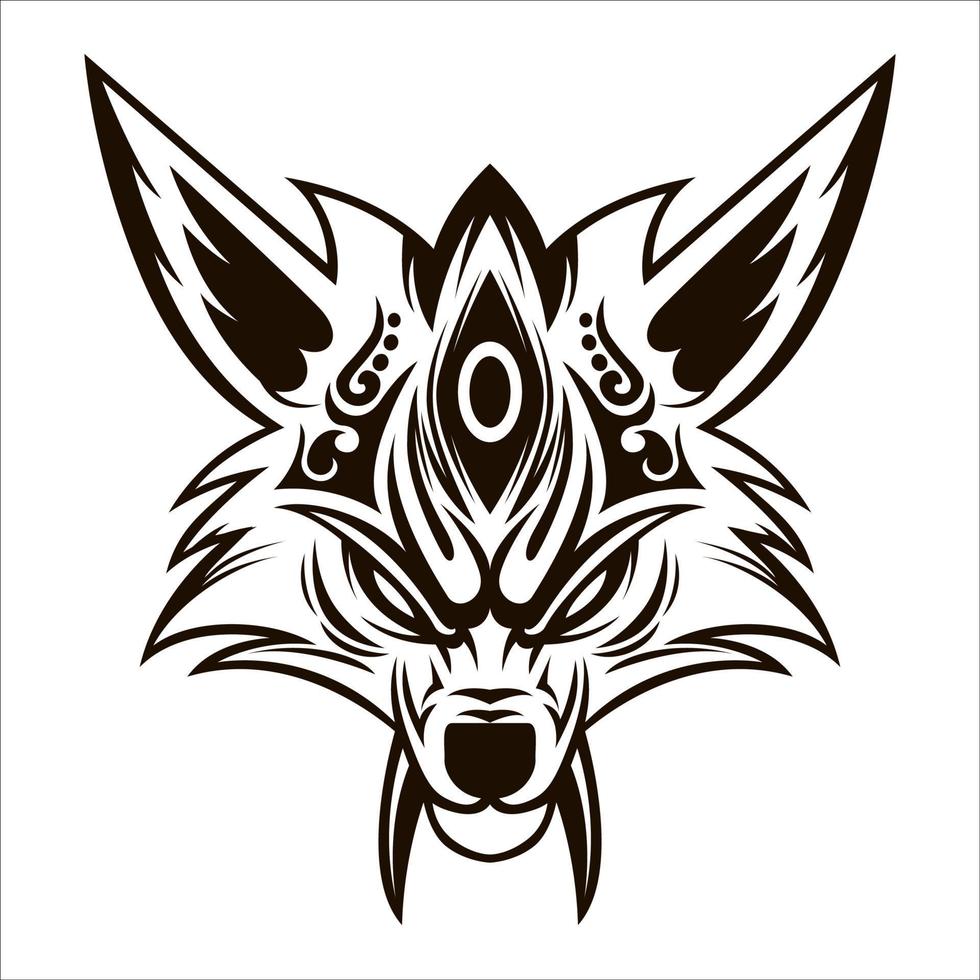 kitsune tekening vector. kitsune wolf hoofd zwart en wit tekening vector illustratie. zwart en wit illustratie van een Japans vos masker Aan een wit achtergrond. kitsune masker.