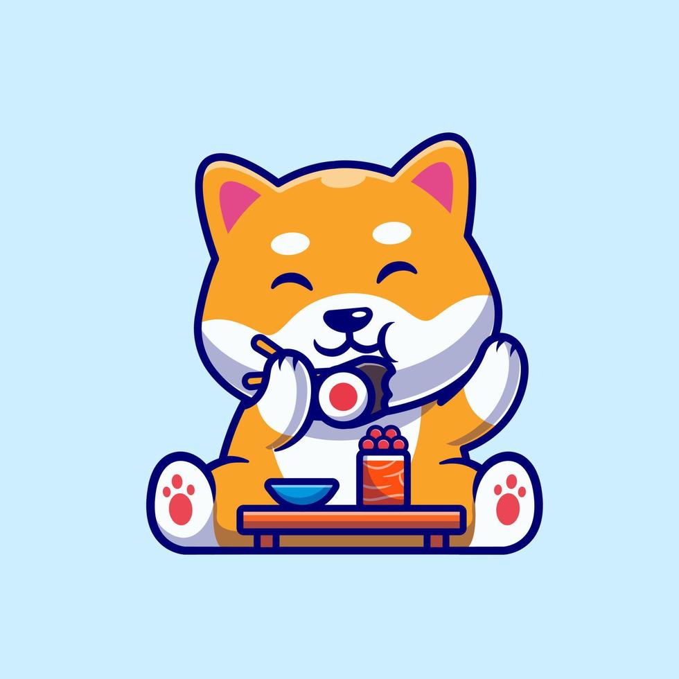 schattig shiba inu hond aan het eten sushi tekenfilm vector icoon illustratie. dier voedsel icoon concept geïsoleerd premie vector. vlak tekenfilm stijl