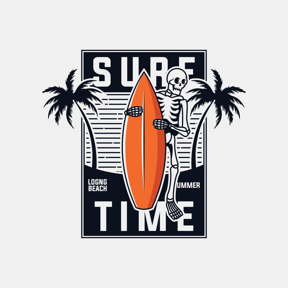 surfen tijd logo ontwerp sjabloon, met schedel en surfboard menselijk karakter vector