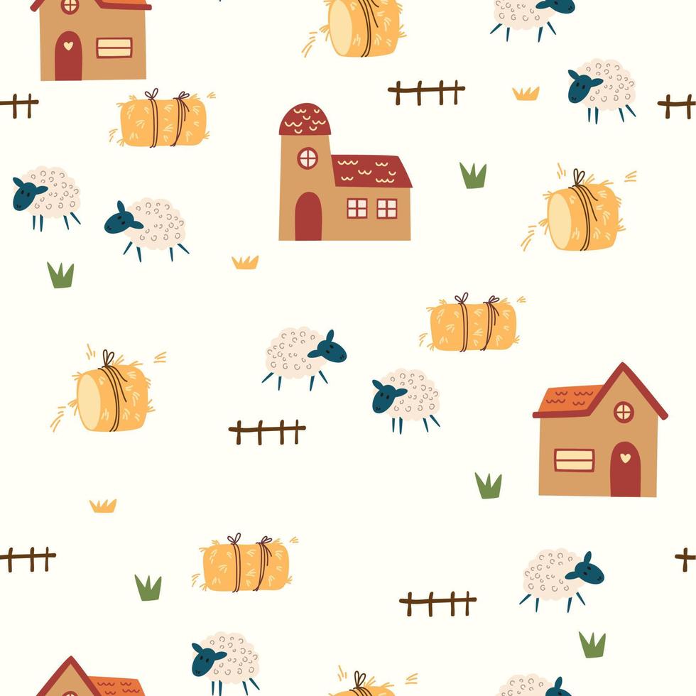 boerderij naadloos patroon. landschap achtergrond met schaap, hooibergen en huizen. hand- getrokken ontwerp in tekenfilm stijl, gebruik voor afdrukken, behang, kinderen kleren, mode. vector illustratie