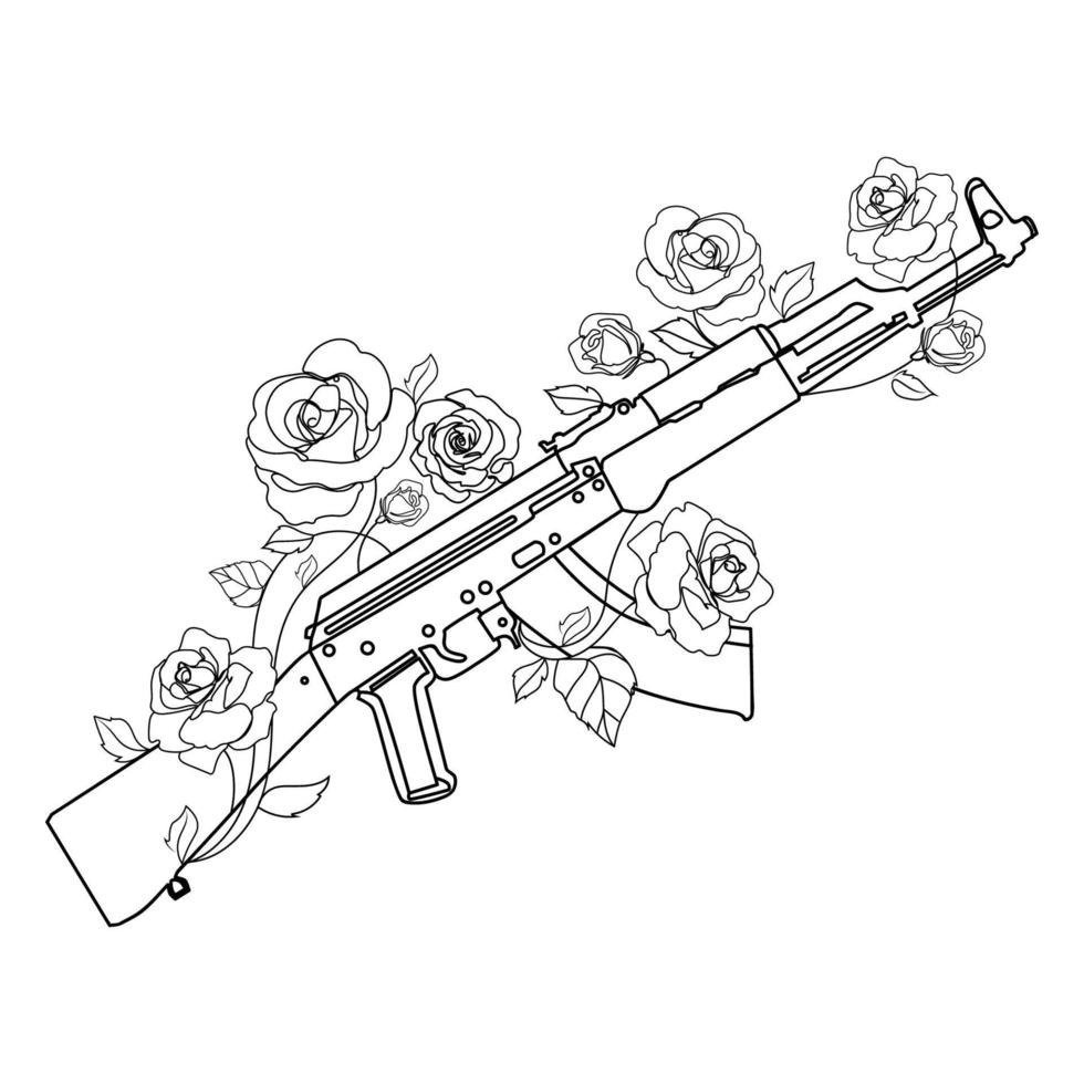 anti terrorisme dag concept.ak 47 kalashnikov aanval geweer- met bloemen rozen groeit van het lijn kunst tekening vector illustratie.stop terrorisme poster,embleem,poster,print. tatoeëren idee, t-shirt ontwerp