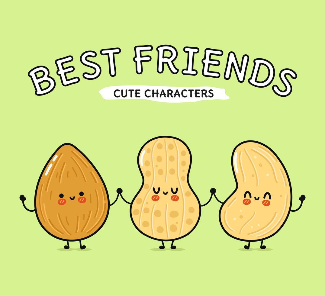 schattig, grappig gelukkig amandelen, pinda's en cashewnoten noot. vector hand- getrokken tekenfilm kawaii karakters, illustratie icoon. grappig gelukkig tekenfilm amandel, pinda en cachou noot mascotte vrienden concept