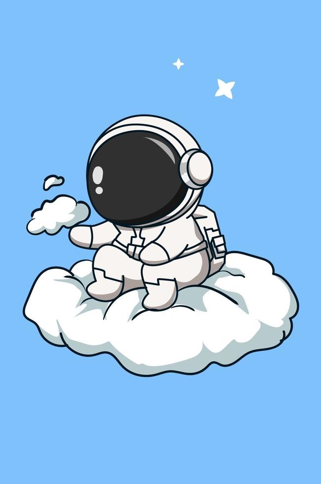 schattige astronaut boven de wolken cartoon afbeelding vector