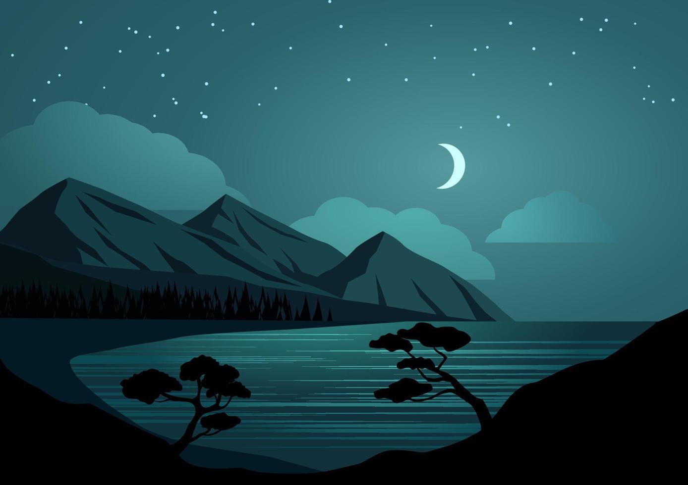 berg nacht landschap met heuvels, meer, maan en sterren. vector vlak ontwerp landschap illustratie