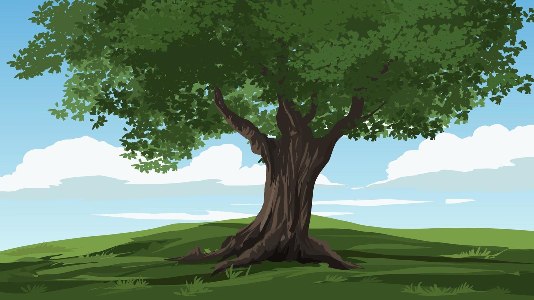 vector illustratie van een groot boom in grasland met blauw lucht achtergrond