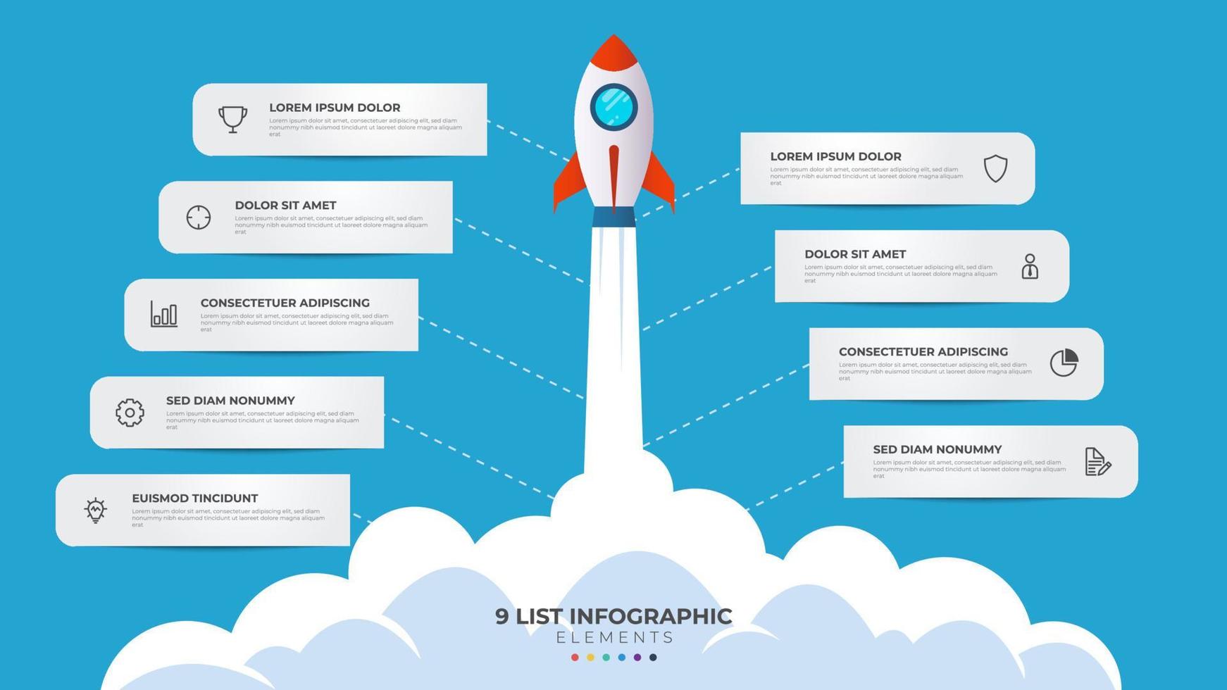 9 lijst van stappen, lay-out diagram met trap niveau reeks, infographic element sjabloon met raket opstarten lancering illustratie vector