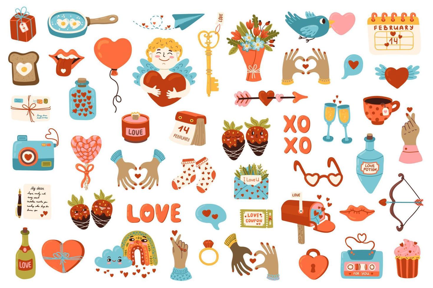 valentijnsdag dag stickers reeks voor planner, liefde brief of dagboek. geschenk, hart, ballon, kus, sleutel, snoep, en andere elementen verzameling. romantisch tekenfilm bruiloft logboek decoratie vector