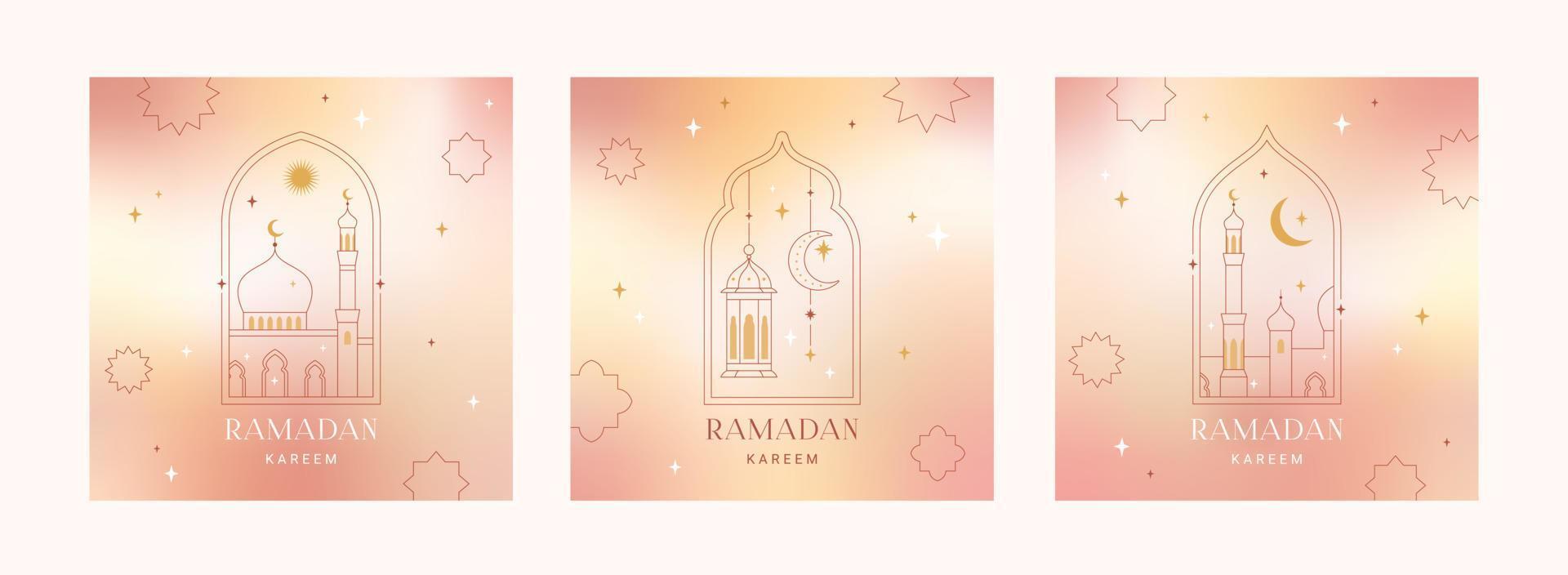 Ramadan kareem kaart, poster, vakantie dekt. verzameling van Islamitisch groet kaarten, banier sjabloon. modern mooi ontwerp in meetkundig minimalistische stijl. modieus verloop, lijsten, sterren, bogen. vector
