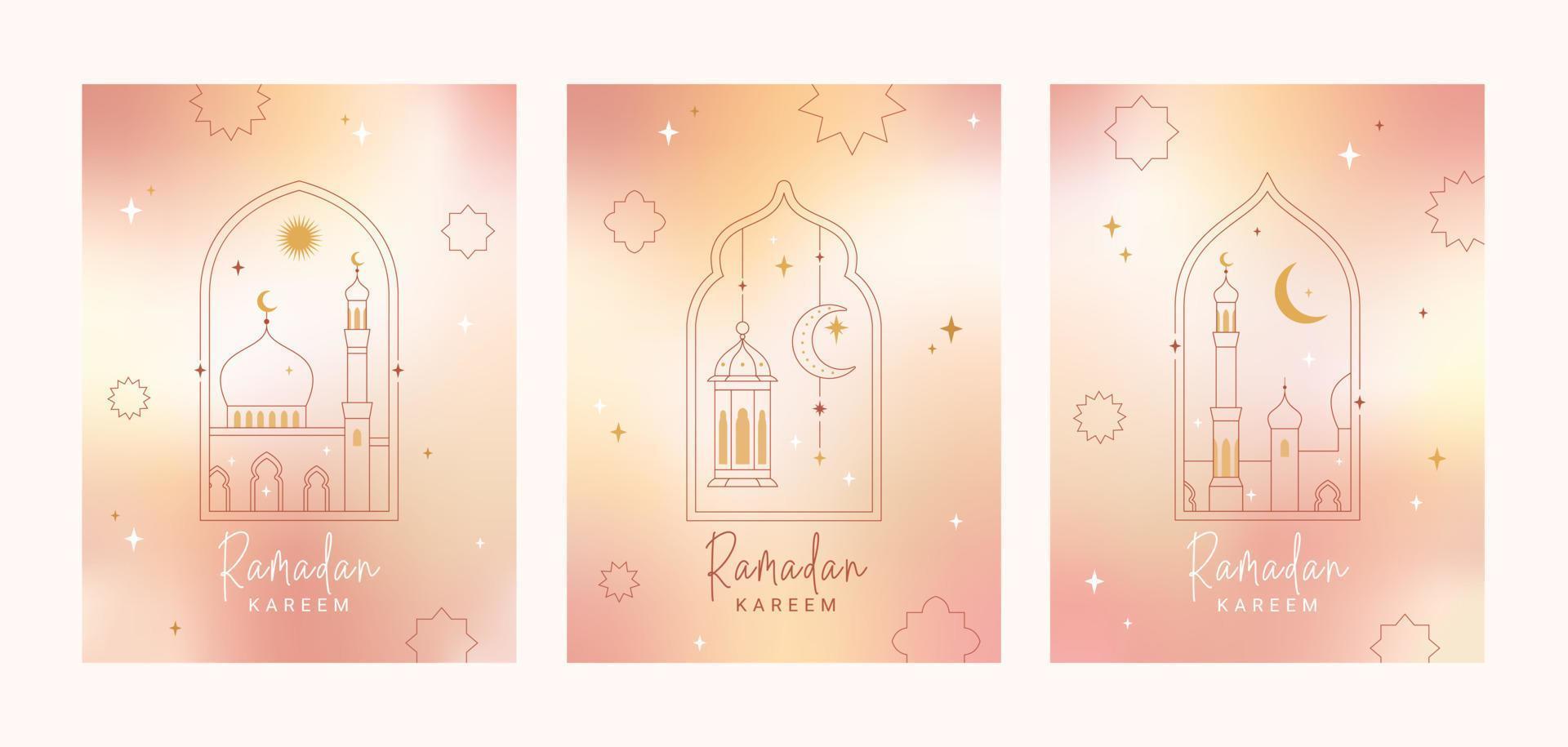 Ramadan kareem kaart, poster, vakantie Hoes set. verzameling Islamitisch groet kaarten, banier sjabloon. modern ontwerp in meetkundig minimalistische tyle. modieus verloop, kaders met sterren, bogen.imal s vector