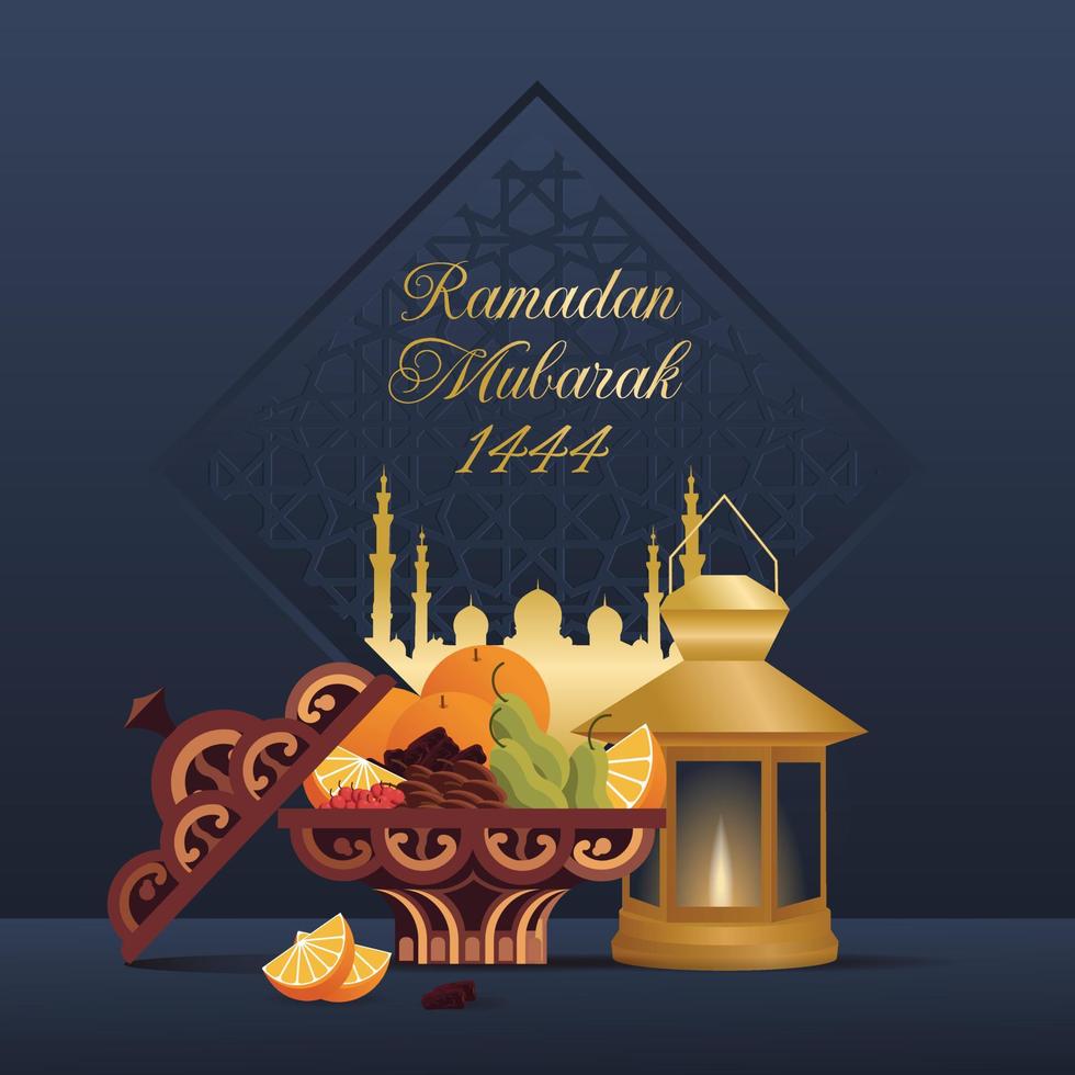 Ramadan datums en Ramadan mand met Islamitisch lantaarn voor Ramadan 1444 vector