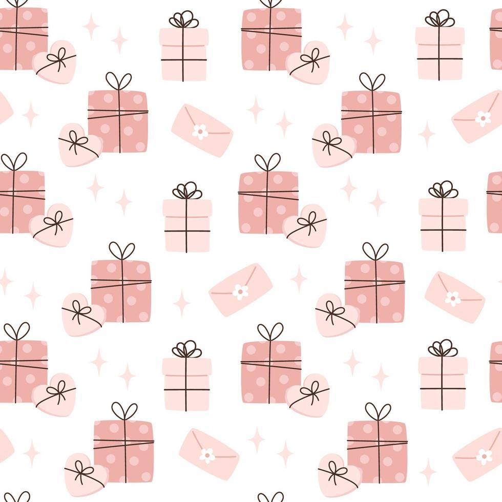 naadloos patroon met met geschenk dozen, envelop in vlak stijl vector
