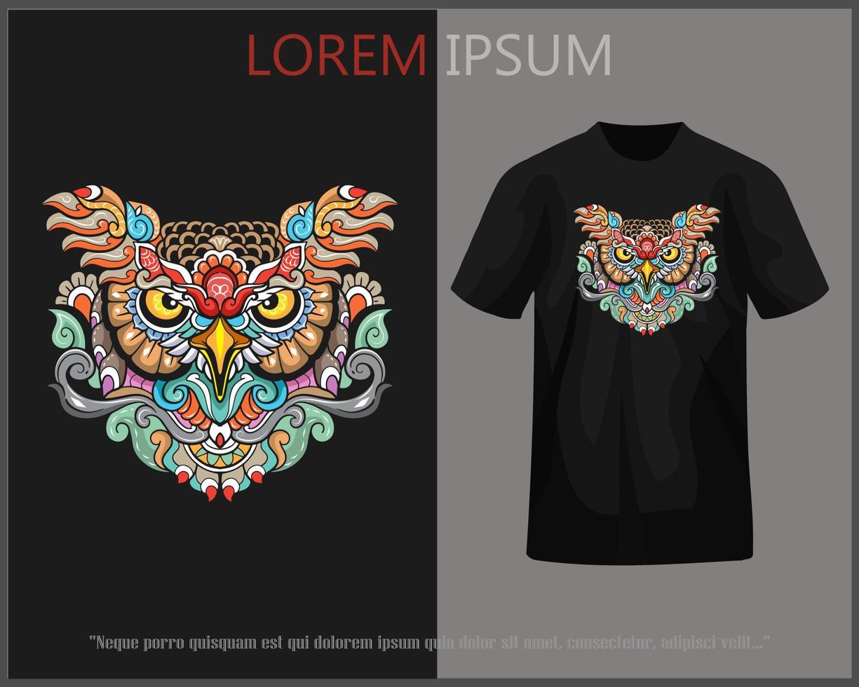 uil hoofd mandala kunst t-shirt ontwerp compleet met model. vector