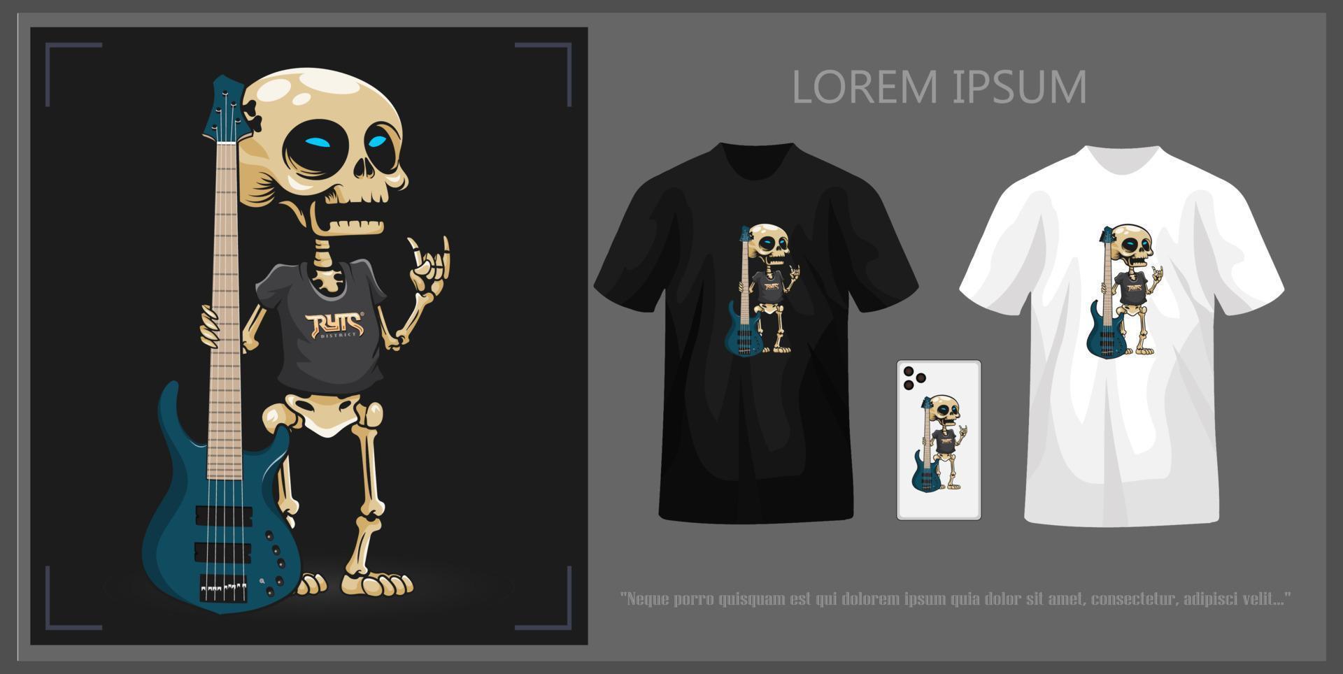 t-shirt ontwerp met een schattig schedel Holding een bas compleet met model. vector