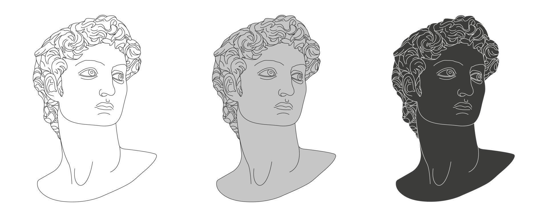 oude beeldhouwwerk set, david, michelangelo, antiek, klassiek standbeeld, vector illustratie