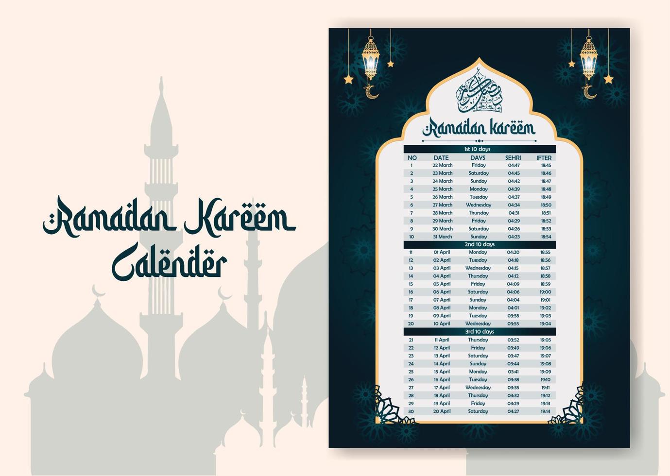 Ramadan tijd kalender 2023 met gebed keer in Ramadan. Ramadan schema - vasten, iftar, en gebed rooster. Islamitisch achtergrond ontwerp met moskee en lamp. vector