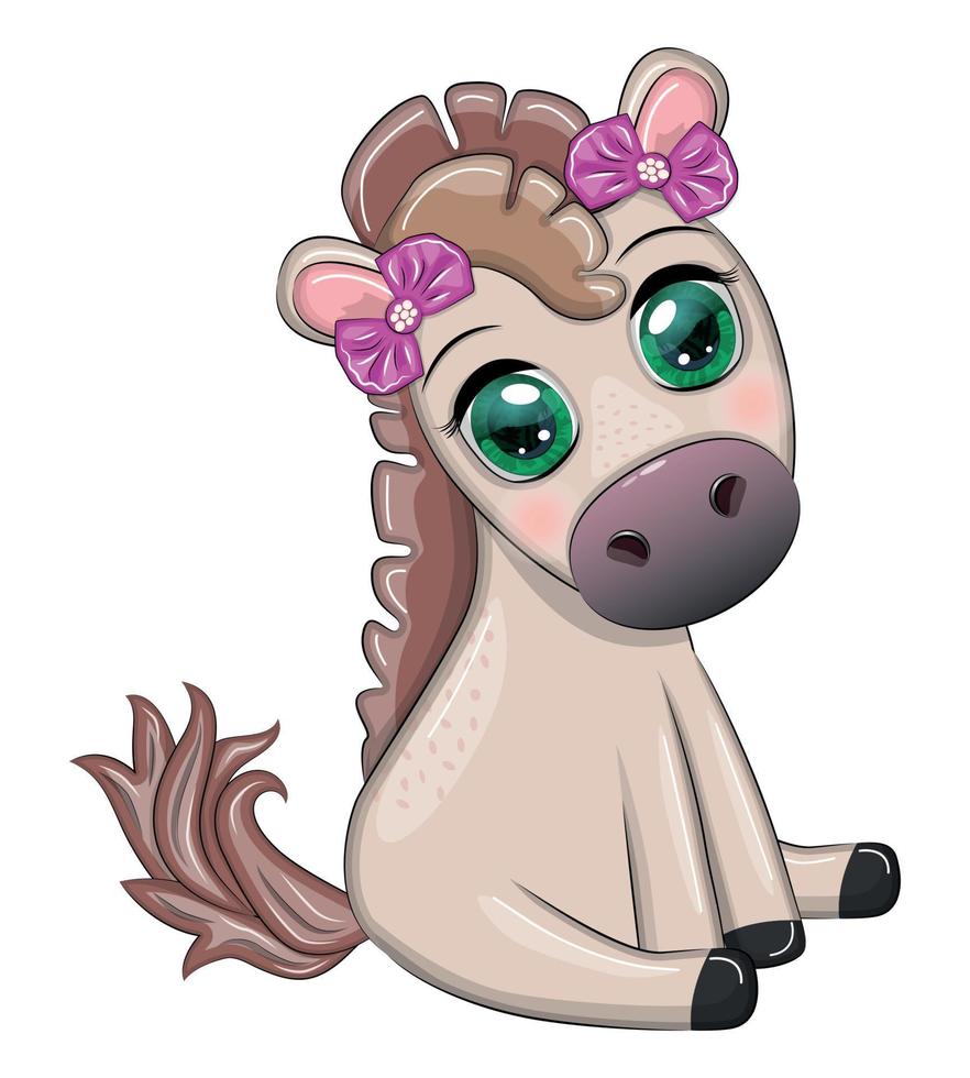 schattig tekenfilm paard, pony voor kaart met bloemen, ballonnen, hart vector